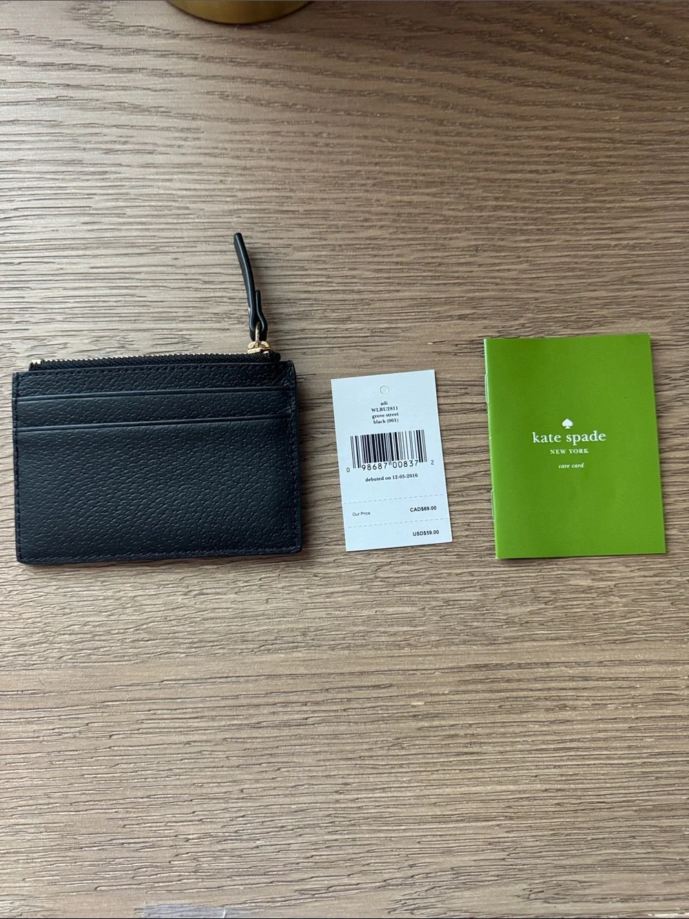 kate spade Black Leather Zip Card Holder with Gold Hardware